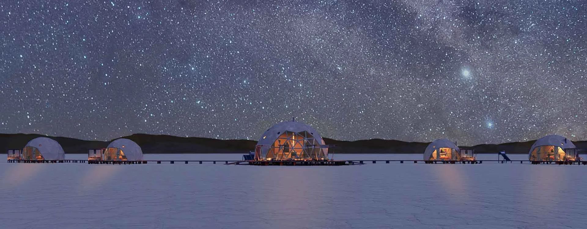 The exterior of Pristine Salinas Grandes Camp in the night