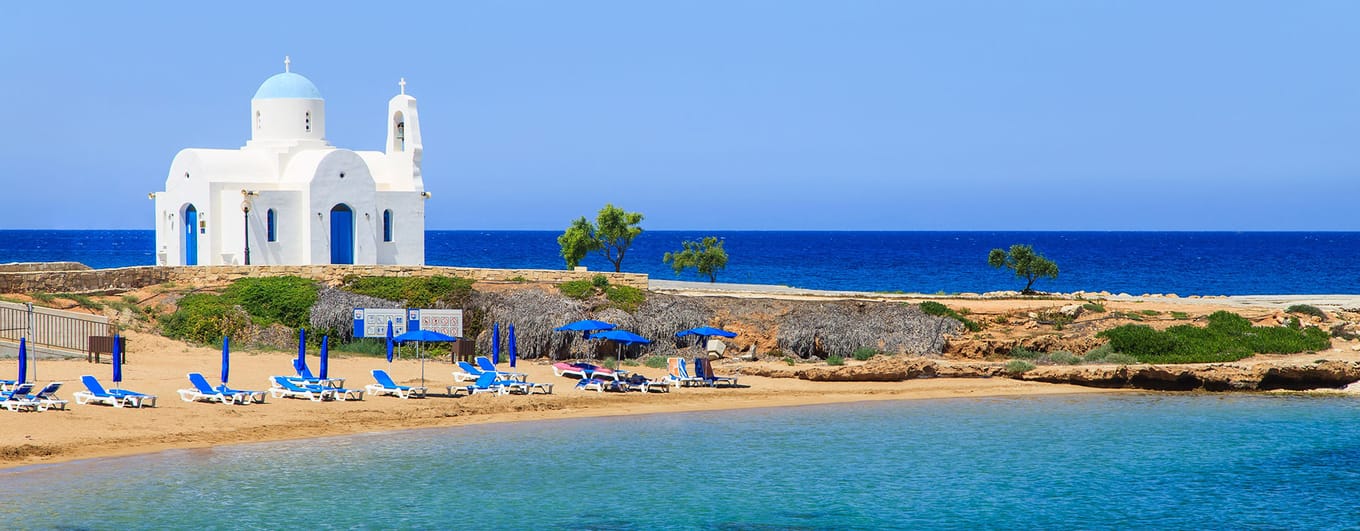 White church on a shore in Protaras near Aiya Napa, Cuprus