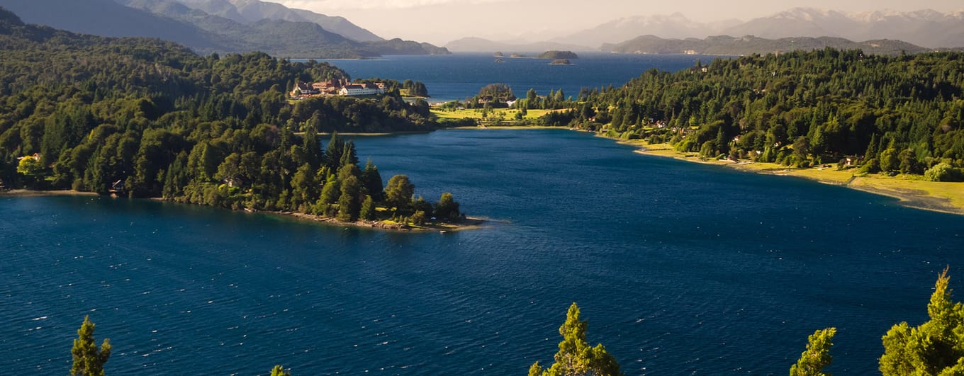 Argentine Lake District at sunrise view of the Llao Llao hotel and the lake lago Nahuel Huapi. Patagonia