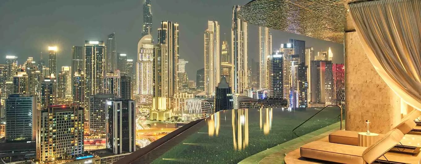 The evening view from Pool Cabana at The Lana, Dorchester Collection, Dubai