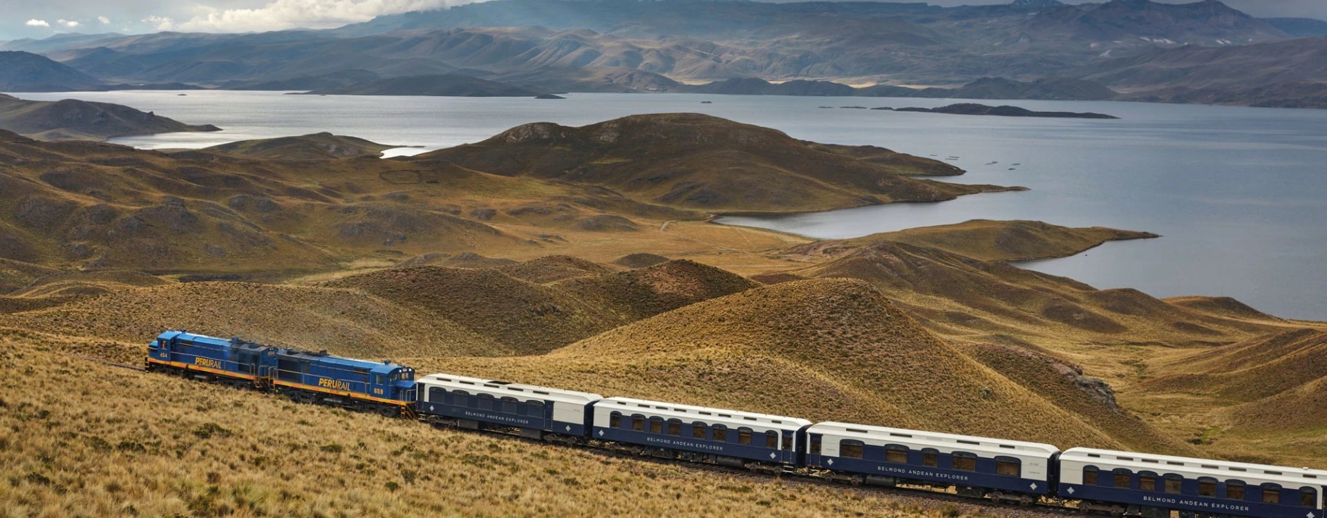 Aerial view of the Belmond Andean Train travelling through South America