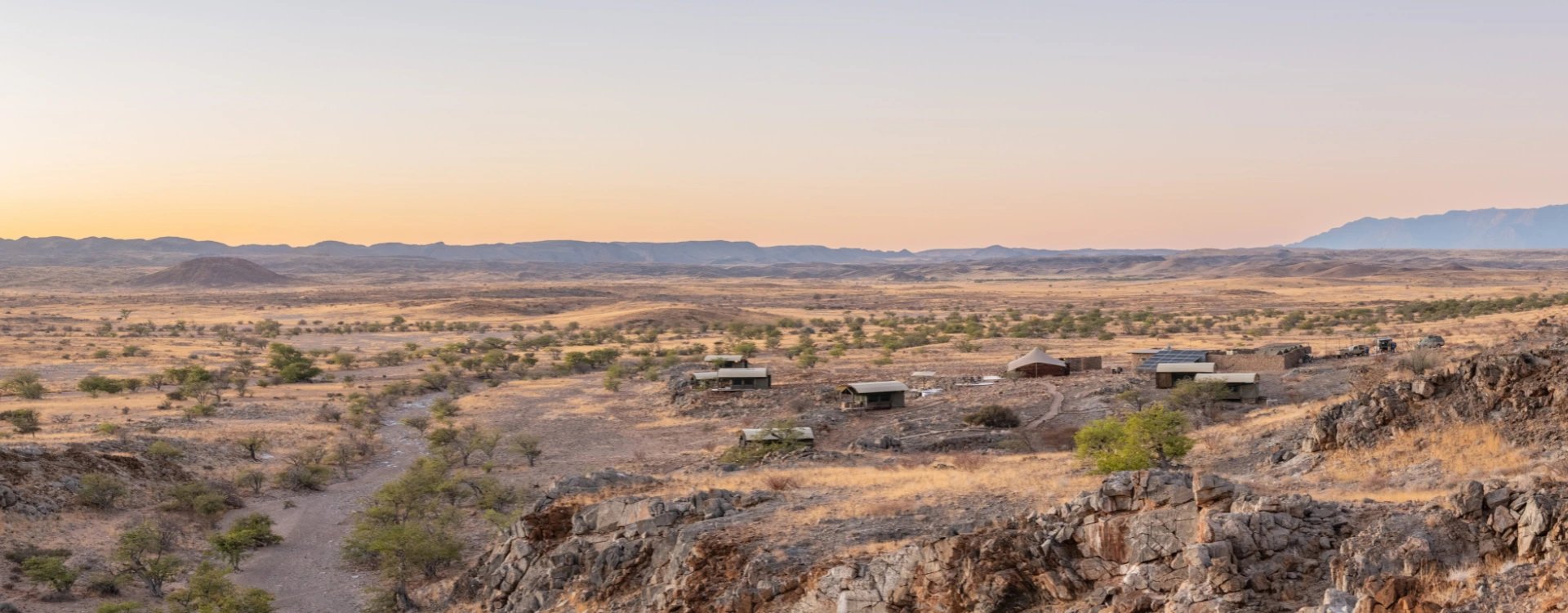 Panoramic aerial view of Camp Doros with surrounding desert in Namibia