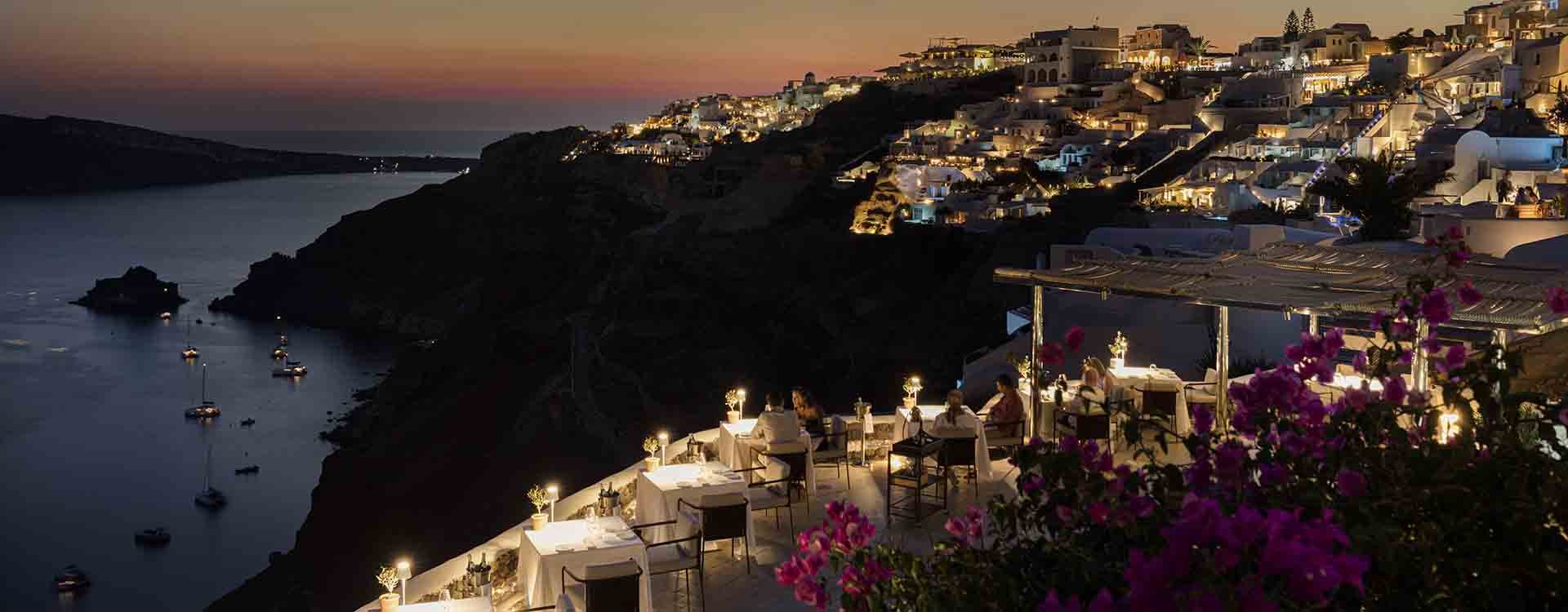 The evening view from the restaurant at Canaves Oia Suites, Greece