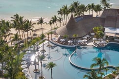 Aerial view of hotel swimming pool by beach