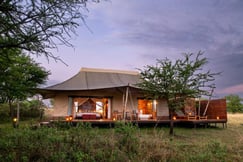 Exterior of canvas safari tent in Tanzania