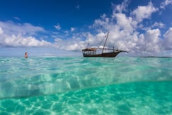 Lady walking through the sea near the Manta Resort on Pemba Island