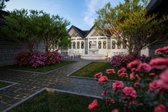 A garden terrace with blooming flowers at Uga Halloowella