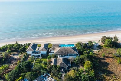 Aerial view of beach and hotel pool