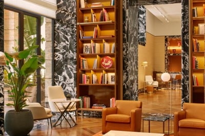 Bookshelves in lobby of luxury Rome Hotel