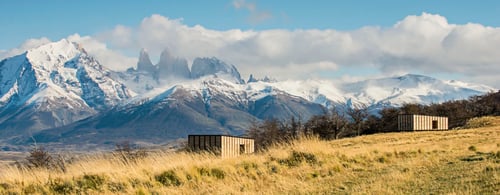 View of Torres del Paine national park with lodge