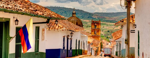 Colourful row of houses and cobbled street