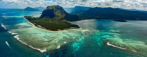 Aerial view of Le Morne in Mauritius with crystal clear seas