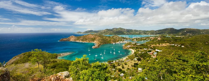  ? View of Antigua in the Caribbean showing beautiful bays and sailing boats 