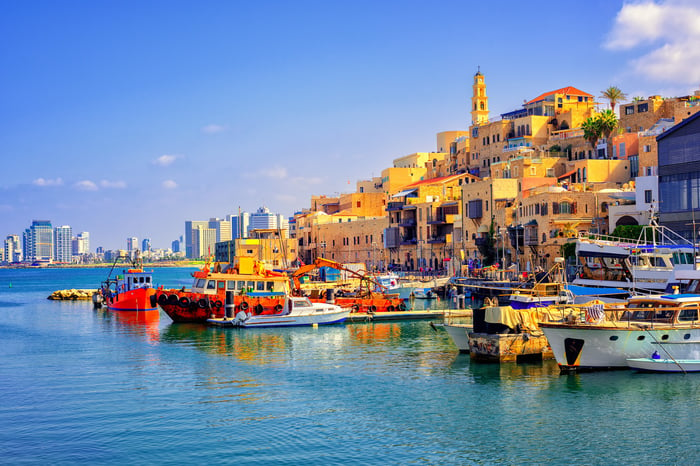 Old town and port of Jaffa and modern skyline of Tel Aviv city, Israel