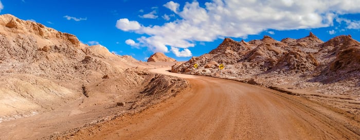 Extreme landscape, dirt road in the moon valley, at San Pedro de Atacama, Chile